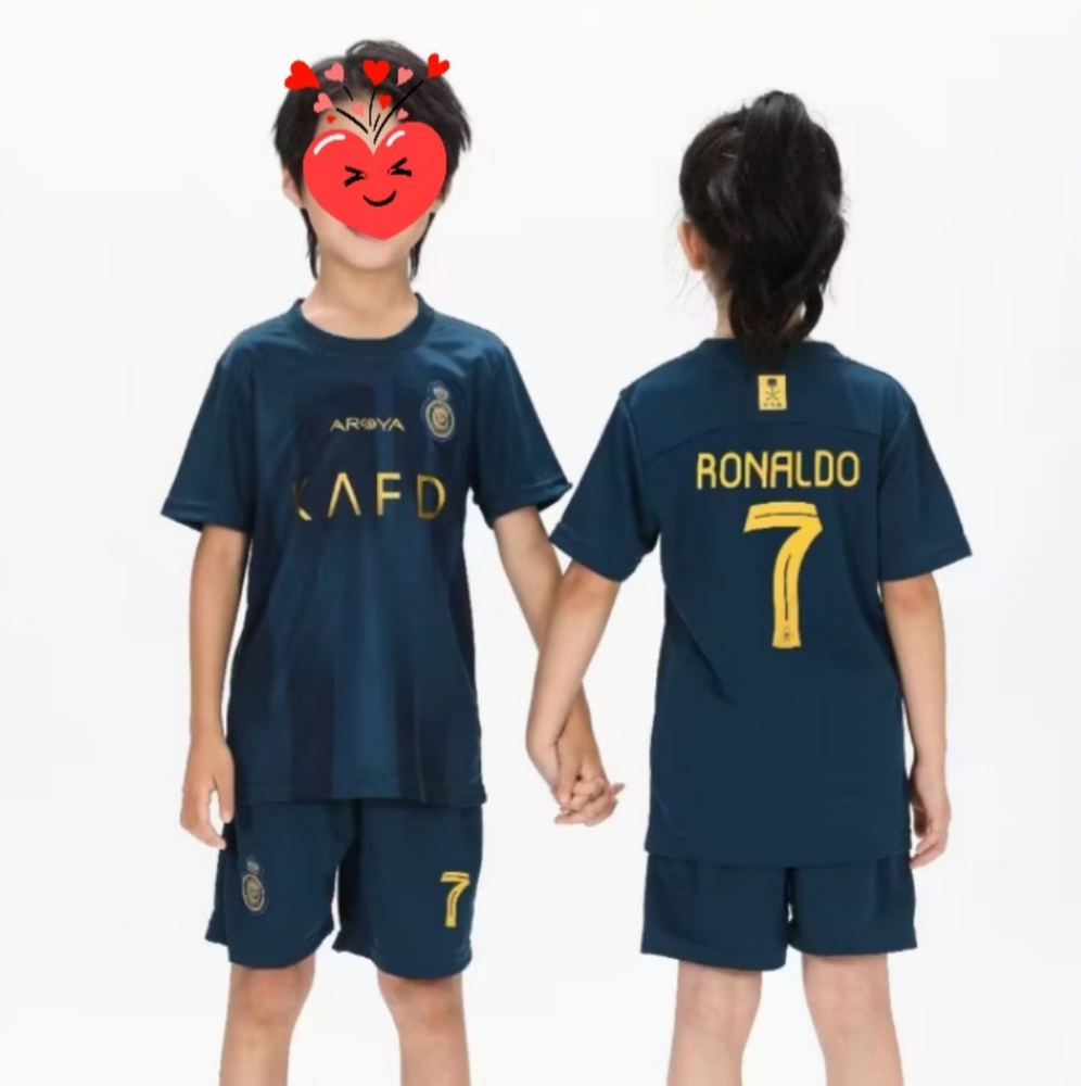 Soccer kids uniforms different sizes all Nassr home and away uniforms